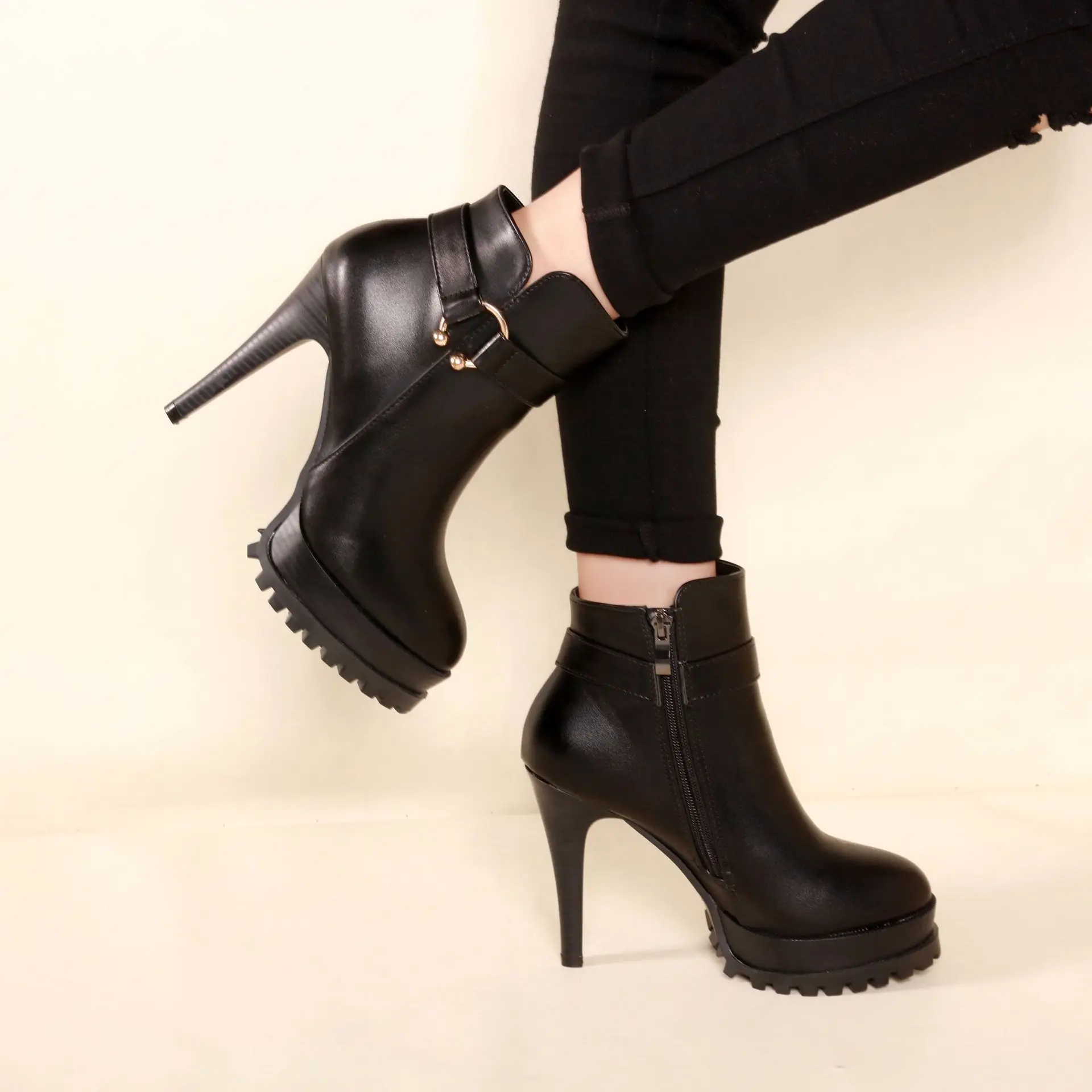 

2018 Autumn And Winter New Style High-Heel Fashion Martin Boots Women's Waterproof Platform Thin Heeled Side Zipper Elegant Casu