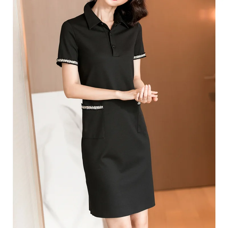 

Ozhouzhan 2019 Summer New Style Fashion Elegant Black And White with Pattern Polo Skirt Graceful Casual Joint Jersey Dress