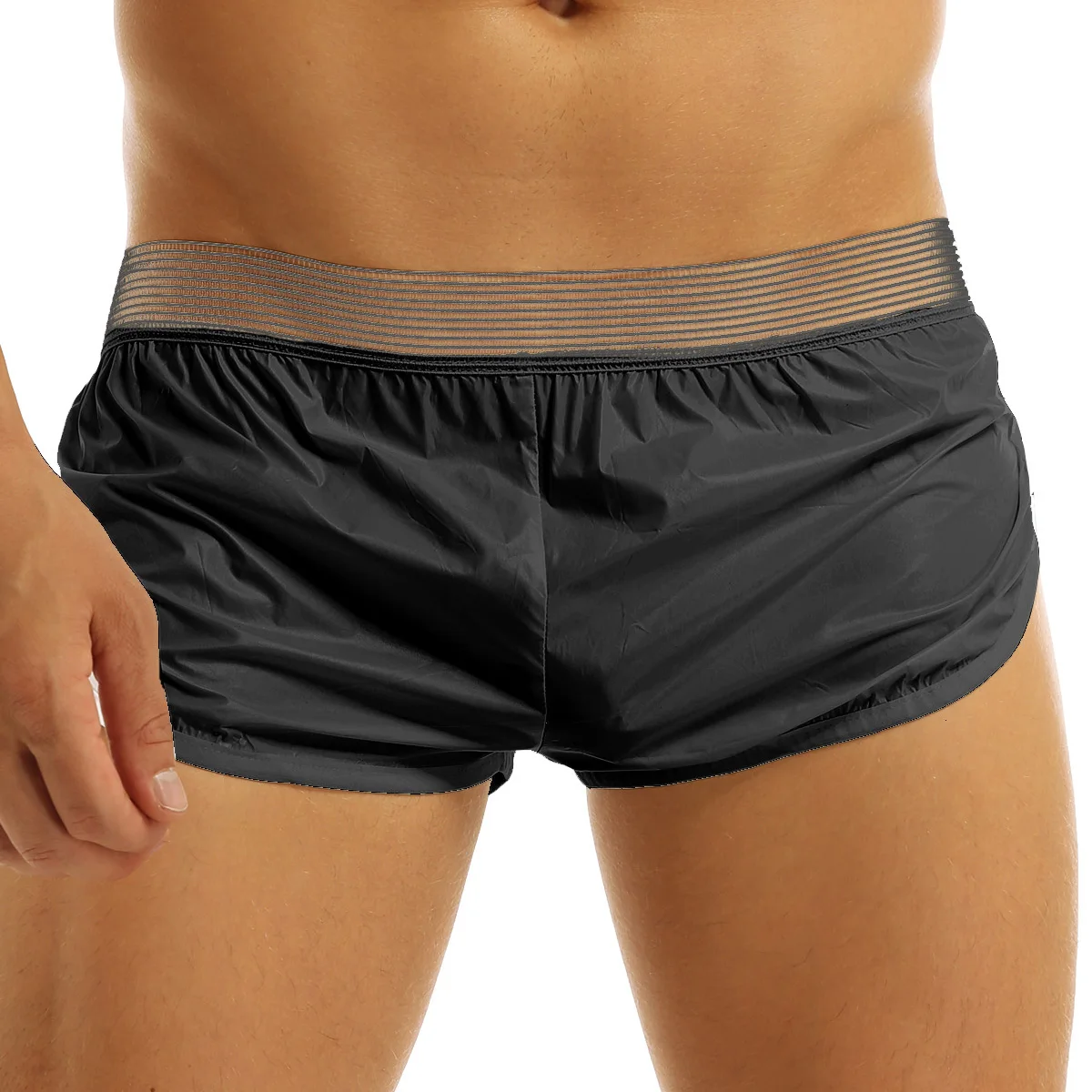 Freebily Mens Faux Leather Side Split Boxer Briefs Gym Sports Shorts Swim Trunks Underpants 
