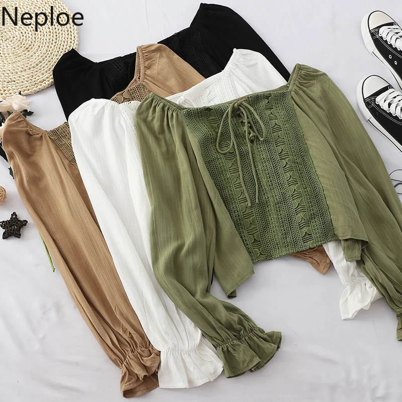 Neploe Sexy Slash Neck Shoulder Strapless Blouse Elegant Patchwork Hook Flower Holiday Blusas Autumn Spring New 2020 Shirt 48129 Neploe Sexy Slash Neck Shoulder Strapless Blouse Elegant Patchwork Hook Flower Holiday Blusas Autumn Spring New 2020 Shirt 48129