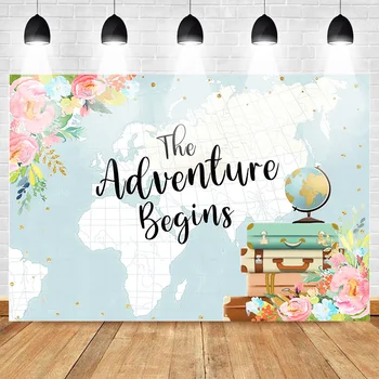 

Neoback Adventure Backdrop for Photography Newborn Baby Map Globe Background for Photo Booth Floral Birthday Theme Party
