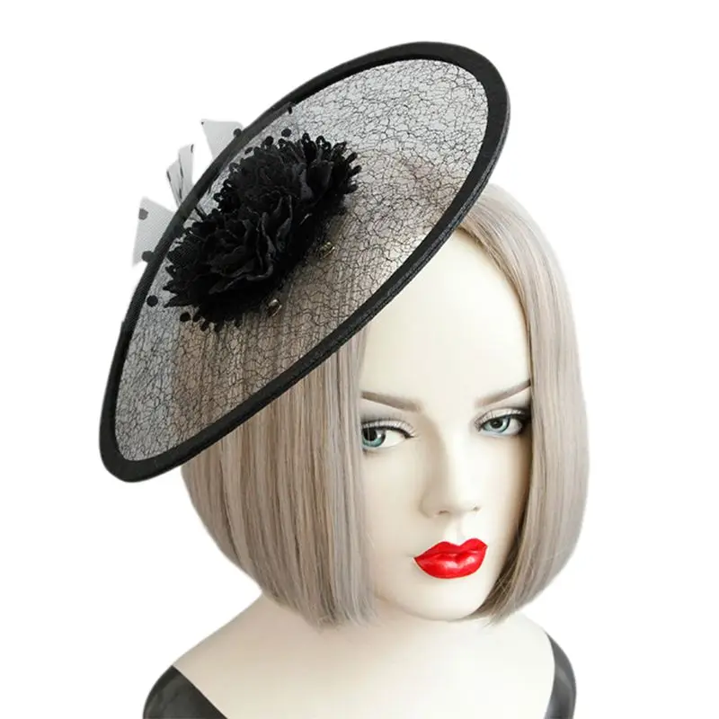 

Women Fascinator Party Round Black Flower Hairclip Top Hat Net Veil Hairband Kit