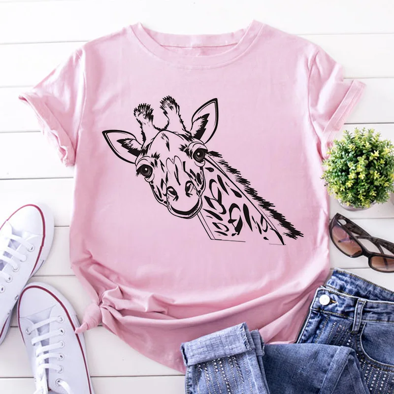 Giraffe Print Pink Woman Tshirts Women's Summer Harajuku Fun Cute Animal Pattern T Shirt Women Tops Casual Short Sleeve T-shirt