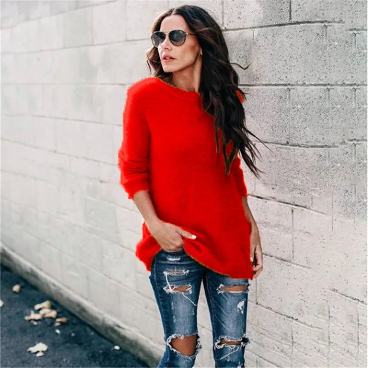 Новые осенние и зимние модные женские повседневные топы пушистая Блузка пуловер Джемпер свободный свитер трикотаж длинный рукав вязаные свитера - Цвет: Красный