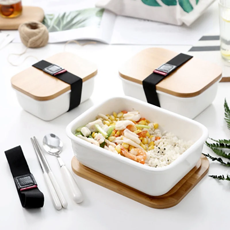 2 шт Microwavable Ланч-бокс бамбуковый керамический Bento box Теплоизоляционный контейнер для еды коробка для хранения свежесть, S с L