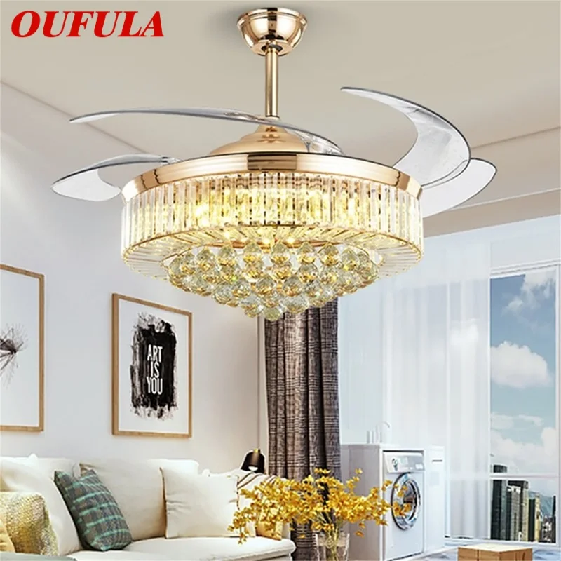 OUFULA-보이지 않는 럭셔리 크리스탈 은빛 LED 천장 팬, 원격 제어, 가정용