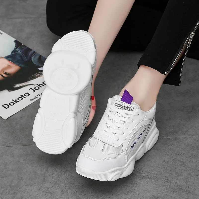 

L1910 Bear Shoes Women's Slanted Heel Gauze Dad Shoes Thick Bottomed Platform Heel Small White Shoes Students Casual Sports Shoe