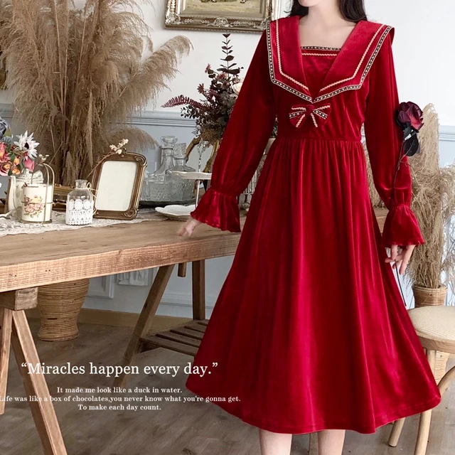 Women Plus Size Christmas Black Red Party Dress Long Sleeve Sweet Navy collar Velvet Vintage Dress New Winter Outwear