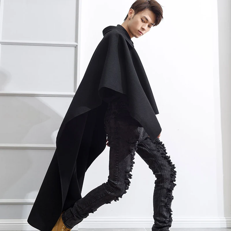 

M-4XL front short long long head over long paragraph lapel pullover male woolen coat cloak trend loose slim shawl cloak