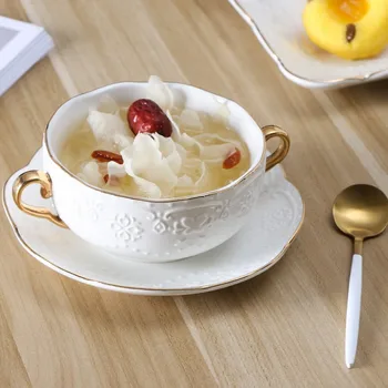 

Golden Inlay Elegant Emboss White Ceramic Double Handle Breakfast Cup Dessert Bowl Soup Mug Porcelain Tableware Set Plate Dish