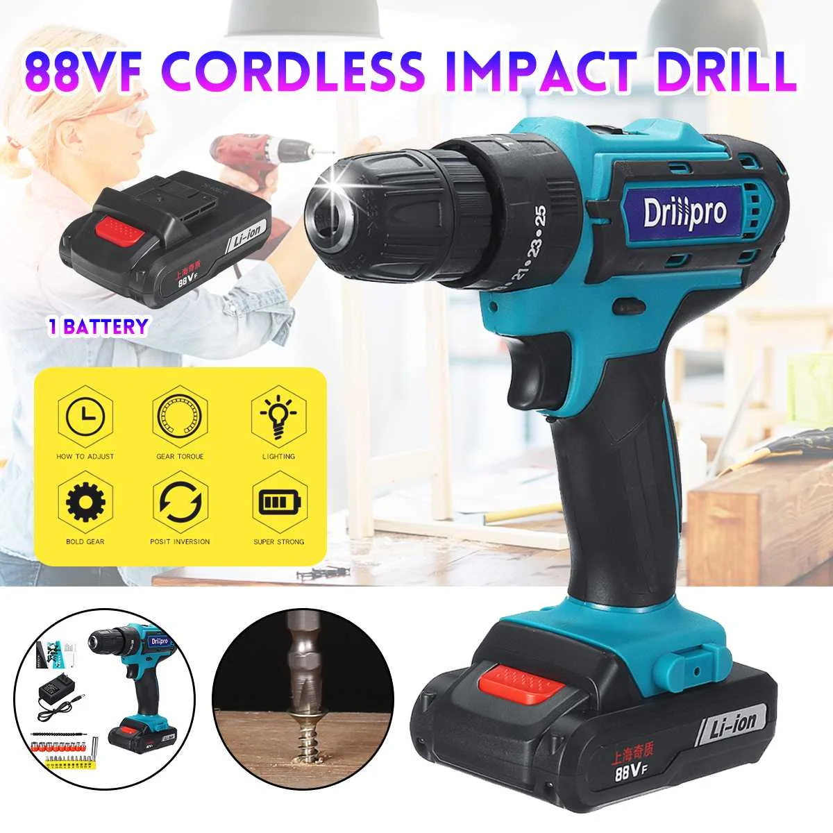 

Lithium Battery Hand Drill DIY Home Driver 88VF Variable Speed Electric Screwdriver Impact Cordless Drill with LED Light