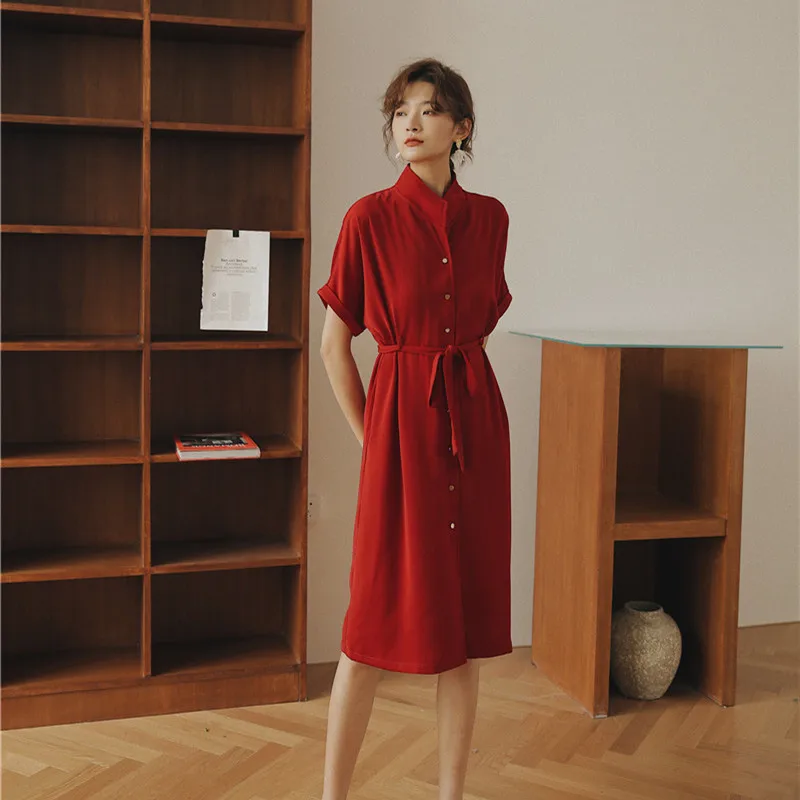 Женское платье-рубашка LANMREM красное платье с короткими рукавами и отложным