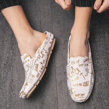 

Plus Size 38-46 Men's Leather Casual Flat Open Back Slip-On Dress Slippers On Backless Loafers Lazy Person Half Shoes For Men