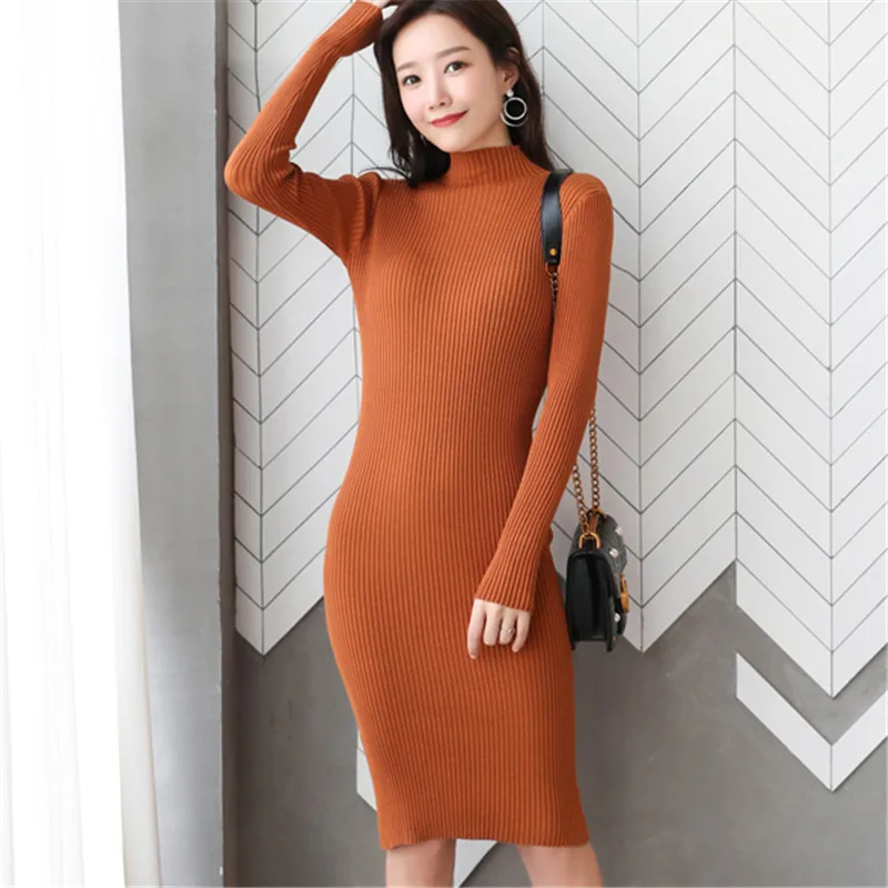 

Korean Sweater Dress Women Elegant Woman Knitted Sweaters Dresses Women High Waist Sweater Dress Turtleneck Bottom Knit Dresses