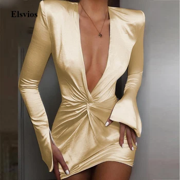

Women Satin Party Dress Sexy Deep V-Neck Ruched Nightclub Mini Dresses Elegant Autumn Long Sleeve Bodycon Dress Vestidos Femme