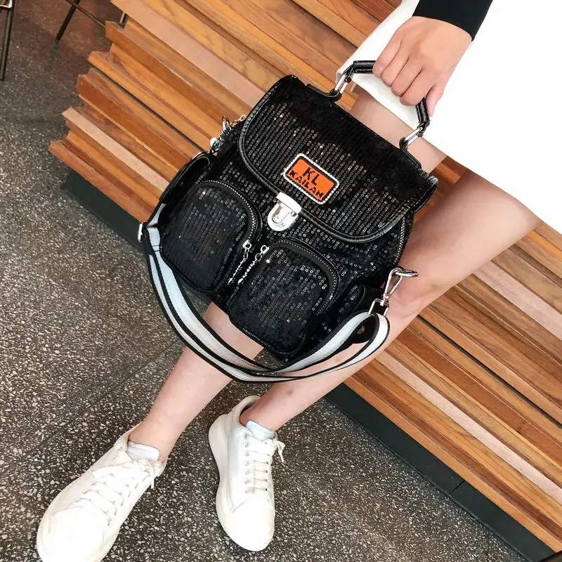 

Microfiber Synthetic Leather Women's Backpack Black Shinning Sequins Mochilas Para Mujer New 2020 Shoulder Bag Female