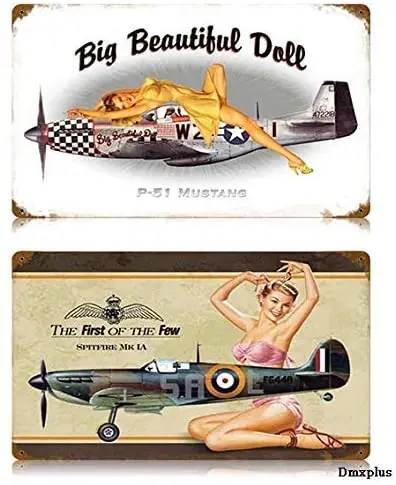 

DIBIEUR 2pcs Inches - P-51 & Spitfire Pin-Up GirlVintage Tin Metal Sign Pub Club Cafe Bar Home Wall Art Decoration Poster Retro