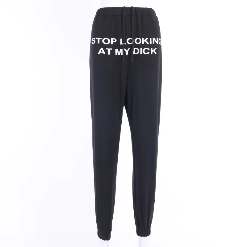 TCJULY модные штаны-шаровары с надписью «STOP LOOKING AT MY DICK», с карманами, с высокой талией, на завязках, свободные повседневные женские брюки - Цвет: Black