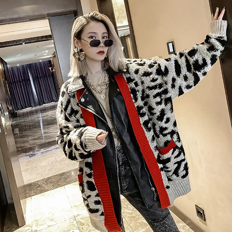 Bella philosophy 2020 autumn Winter Fashion Women Leopard Knitted sweater lady casual Leather Jacket Female Loose Cardigan Coat |