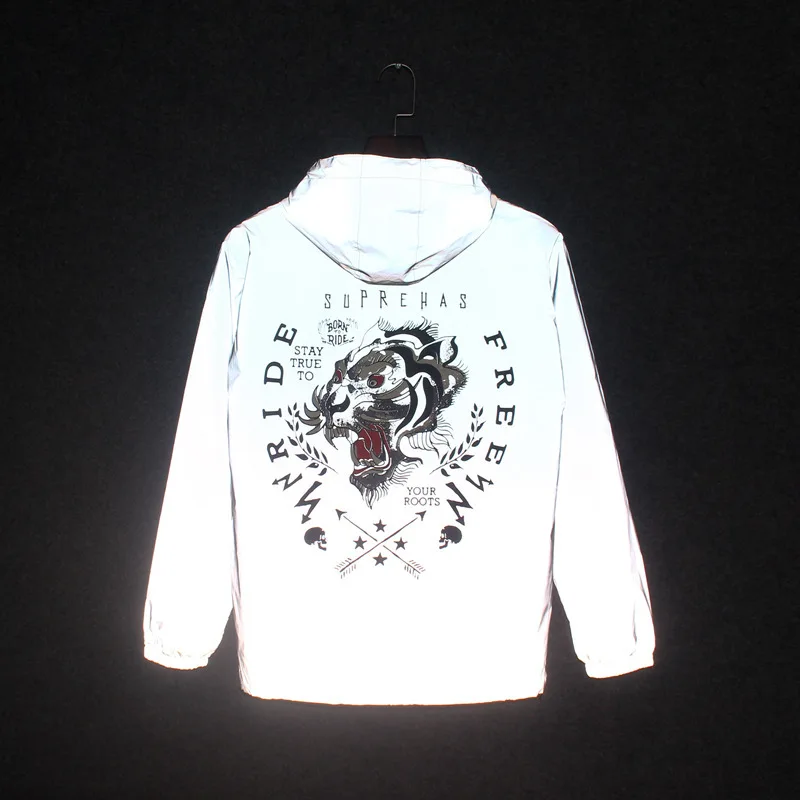 

Men Trench Reflective Hooded Shirt Tiger Head Jacket Men And Women Couple Students Luminous Jacket Men's Clothing Q
