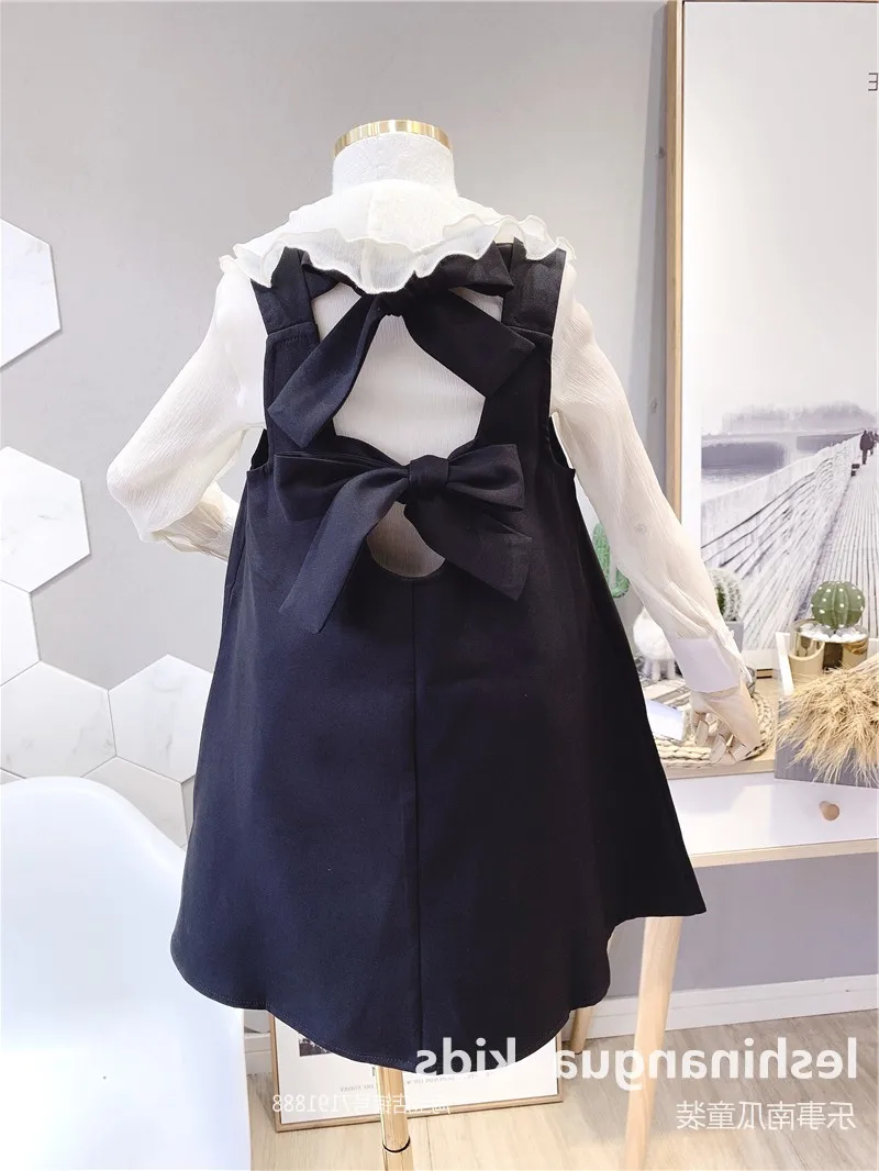 Комплект повседневной одежды из 2 предметов для девочек WLG, детская белая рубашка и черное платье на бретелях, весенне-осенняя Милая