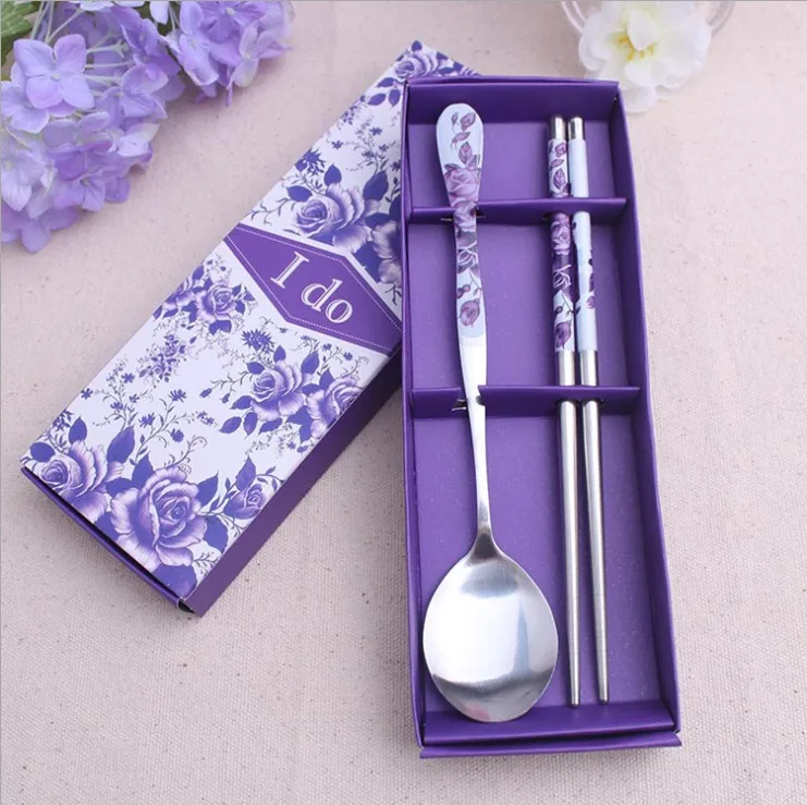 

(5sets/lot)FREE SHIPPING+I DO Stainless Steel Dinnerware Set Chopsticks&Spoon Sets in Purple Gift Box Kitchen Party Giveaways