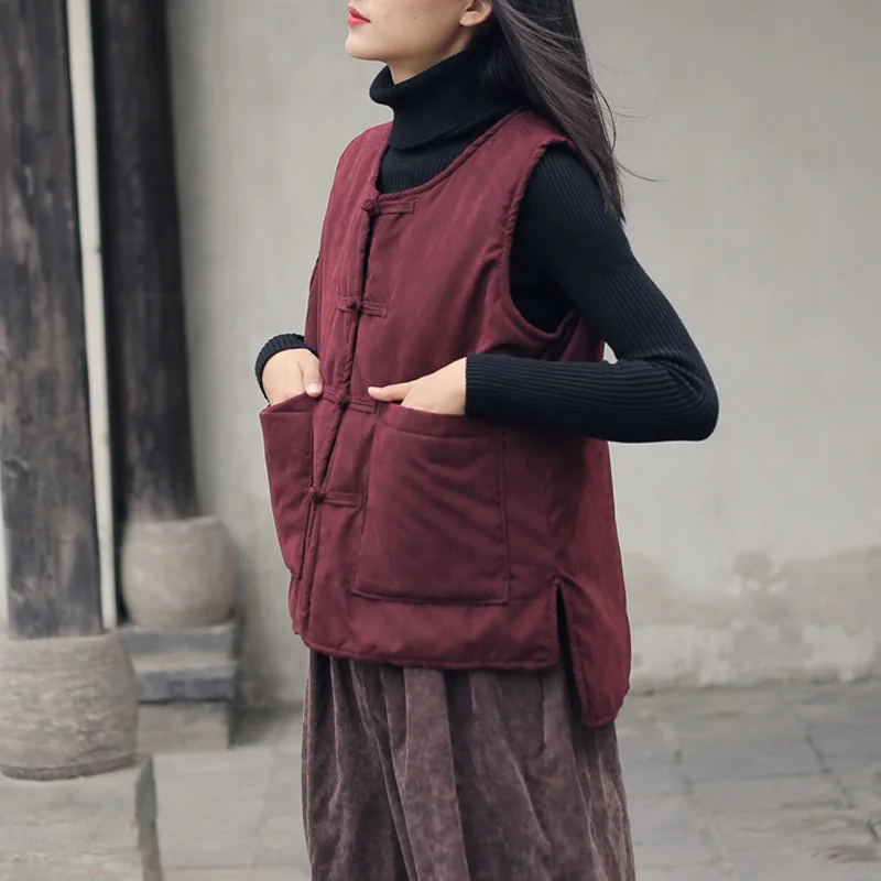 Wine red Johnature, женские жилеты, 7 цветов, пальто с карманами, осень, новинка, с круглым вырезом, без рукавов, на пуговицах, с карманами, женская одежда, теплые жилеты, пальто - Цвет: Wine red