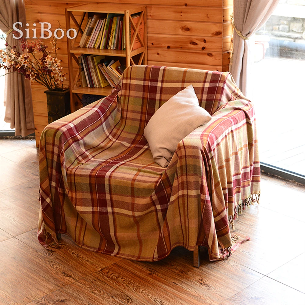 European Style Red Plaid Yarn Dyed Chenille Decorative Sofa Towel Cover