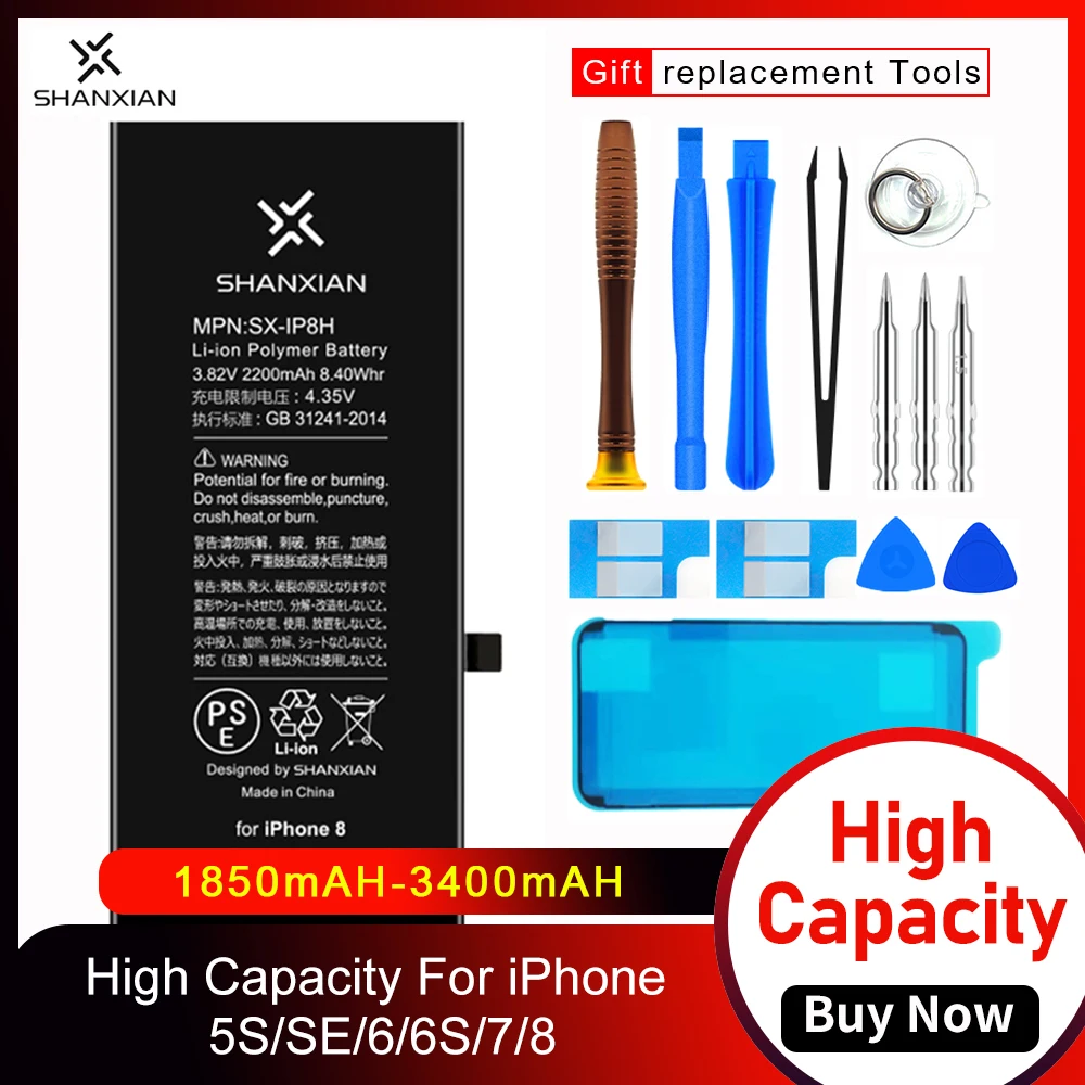 

SHANXIAN Replacement Li-ion Battery for iPhone SE 6 6S 7 8 Plus X XR XS Max 3400mAh High Capacity