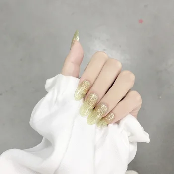 

24PCS/Box Phototherapy Gold Flash Mid-Lengt Round Head fake nails press on Women Wearable fake nail tips full cover acrylic