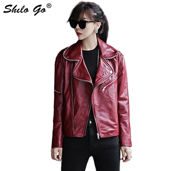 

Genuine Leather Jacket Highstreet Wine Red Moto Notched Neck Zip Sheepskin Coat Women Autumn Casual Office Lady Outwear Female