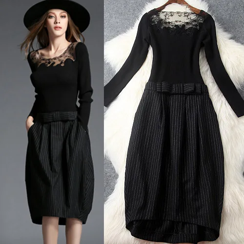 

Ozhouzhan 2016 Spring Clothing New Style Europe And America Big Brand Embroidered Joint Knitted Wool Lantern Dress Slim Dress Wo