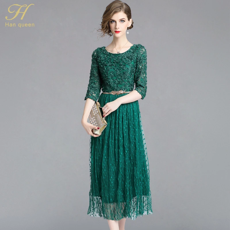 Queen Dot pleats Mesh Dress Work Casual Slim Fashion O-neck Sexy Dresses Women A-line Vintage - Цвет: Зеленый
