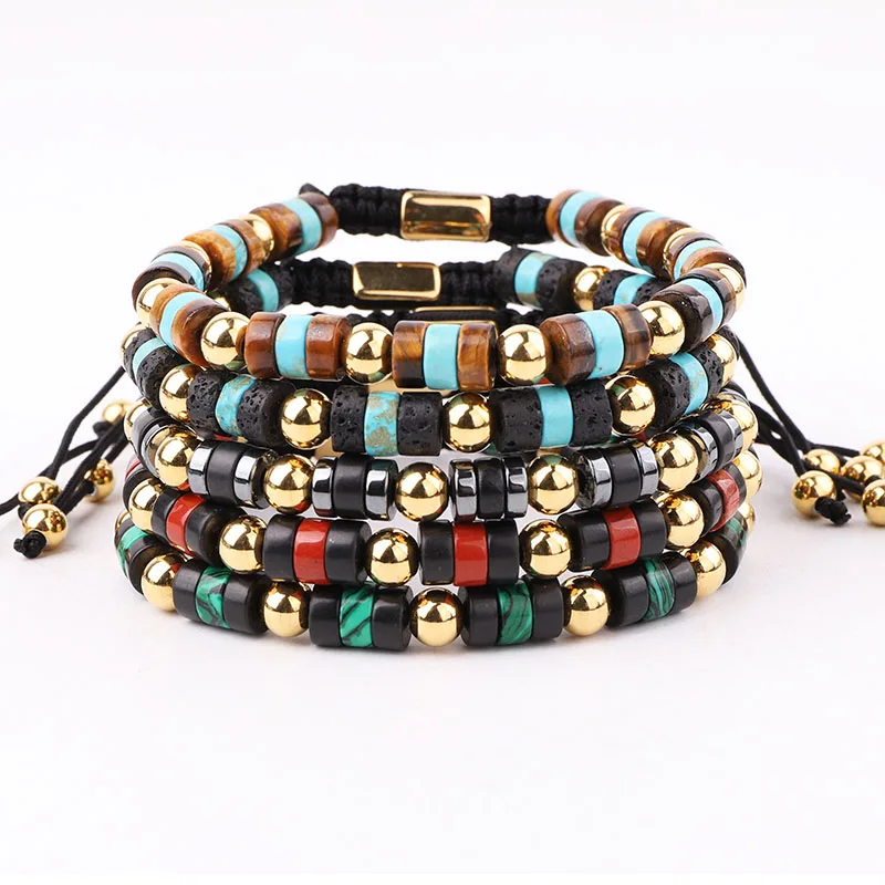 New Fashion High Quality Mix Color Natural Stone Stainless Steel Beaded Macrame Bracelet Men Women