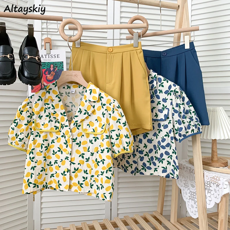 Short Sets Women Summer Printing Fashion All-match Vintage Puff Sleeve Korean Style Elegant Leisure Streetwear Female Outfits womens loungewear