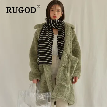 

RUGOD Chic Style Midi-long Warm Cashmere Coat Big Pocket Single-breasted Turndown Collar Overcoat Woman Winter Fashion 2019