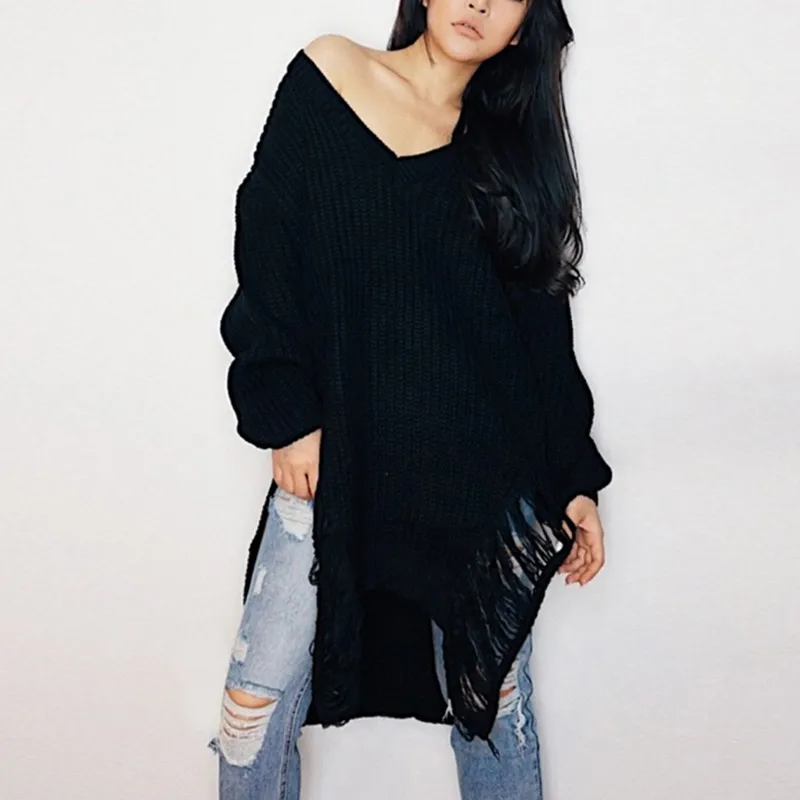 

Black women's loose casual sweater V-neck strapless pullover fashion sexy hole irregular hem sweater