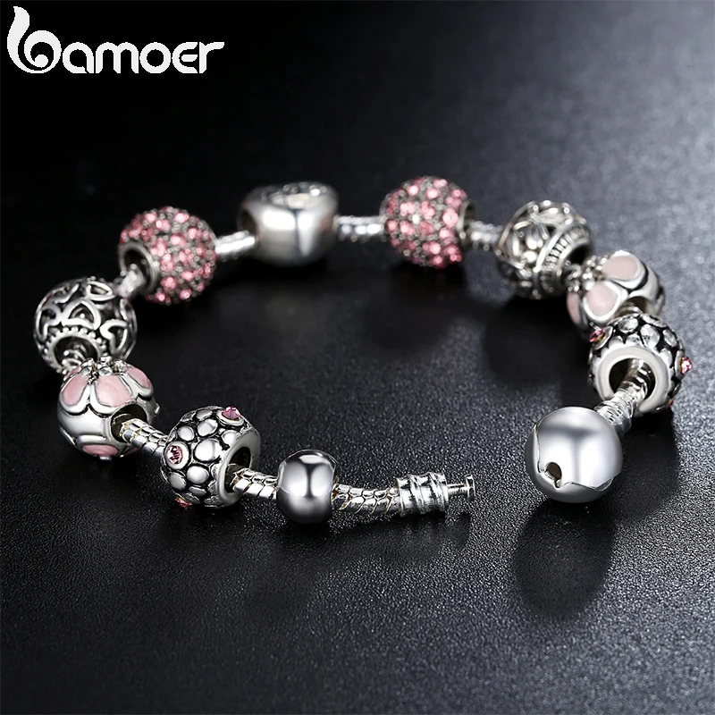 fly-touch Antique Silver Charm Bangle Love Flower Beads4 Colors 18Cm 20Cm 21Cm 