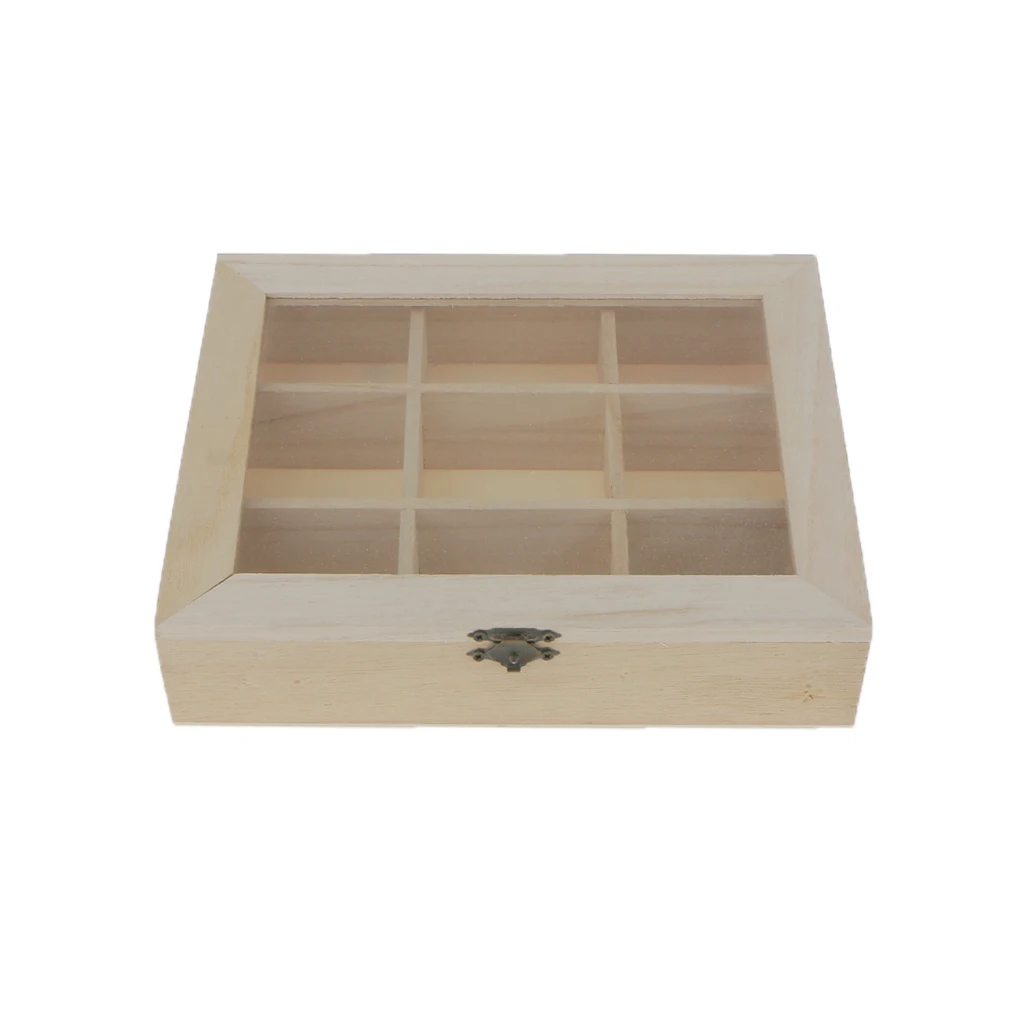 Unfinished Unpainted Plain Wooden Jewlry Box 9 Grids Keepsake Gift