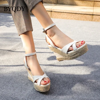 

BYQDY Summer Wedges Straw Ladies Sandals Buck Strap Woman Shoes Concise Comfort 10.5CM High Heels Casual Dress Shoes Plus 10-11