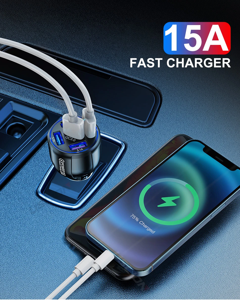 dual usb c car charger USLION 5 Ports LED USB Car Charge Quick Mini 15A Fast Charging For iPhone 12 Xiaomi Huawei Mobile Phone Charger Adapter in Car apple fast car charger