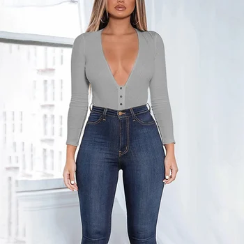 

Women Sexy V Neck Cotton Bodysuit Long Sleeve Autumn Clothing Wear Sexy Slim Short Cotton Knitted Bodycon Bandage Jumpsuit W1