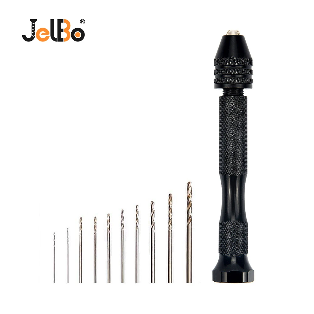 

JelBo 10Pcs/Set Twist Drill Bits+Mini Micro Aluminum Alloy Hand Drill with Keyless Chuck Woodworking Drilling Rotary Tools Set