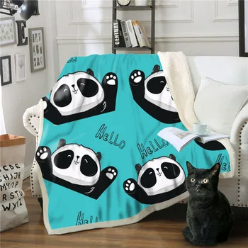 

Cute Panda Print Throw Blanket for Teen Boys Blue White Cartoon Animal Sports Bedspread on Bed Sofa Sherpa Plush Quilt