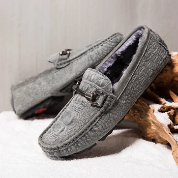 

Fur Suede Loafers Men Car Driving Shoes Leather Boat Shoes Plush Warm Male Casual Flats Slip On Penny Loafer Man Moccasin Gray
