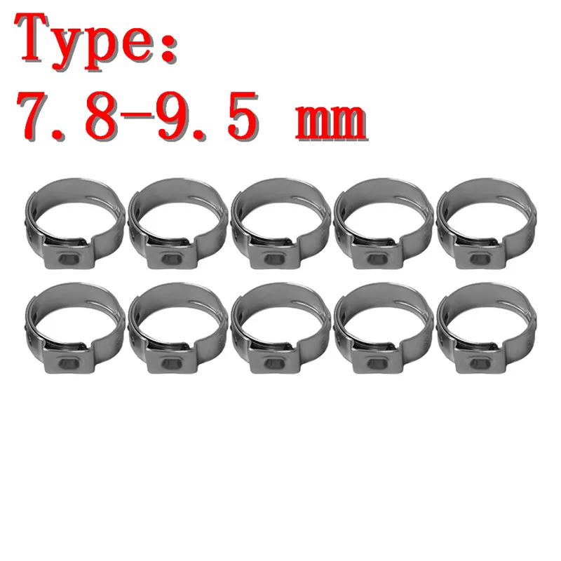 7.8-9.5 mm Хомут для шланга с одним ушком из нержавеющей стали, 10 шт., 5,3-14,5 мм, обжимной хомут для шланга, Ассортимент комплектов, бесступенчатые кольца для ушей, обжимные зажимные кольца - Цвет: 7.8-9.5 mm