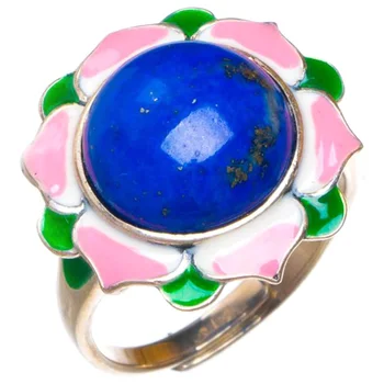 

Natural Cloisonne And Lapis Lazuli Lotus Opening Handmade 925 Sterling Silver Ring 7 D1187