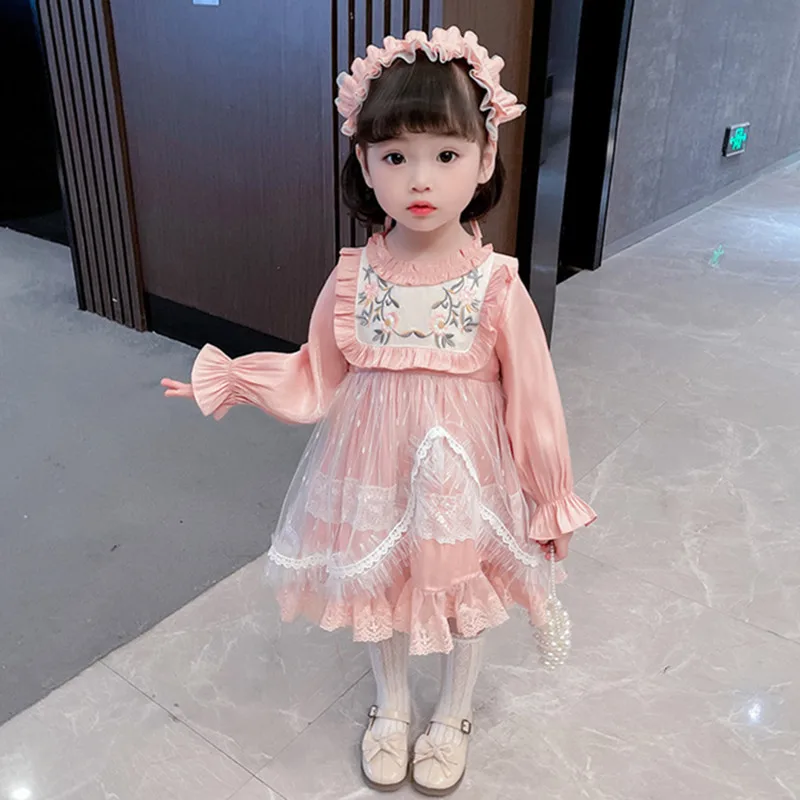 

Kids Clothes Lolita Style Girls Princess Dress Spring New Design Long Sleeve Embroidery Lace Party Dress Baby Costume For 1-7Yrs