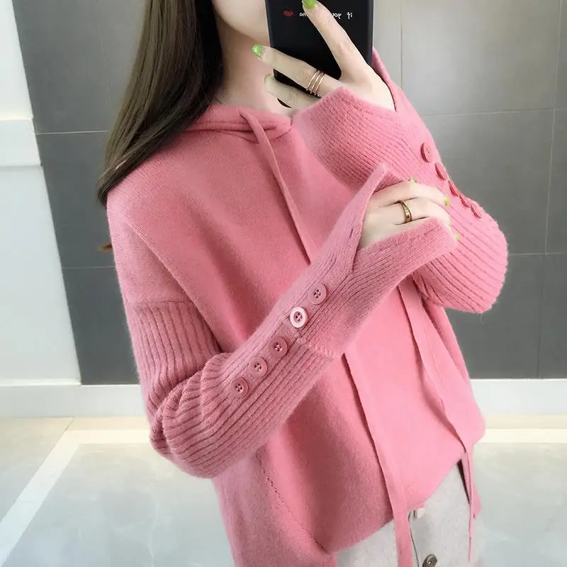 Casual Hooded Sweater 2019 New Autumn Winter Korean Style Women Loose Solid Button Knitwear Female Pullover Sweater Sueter