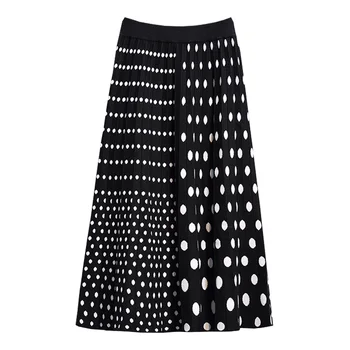 

2019 New Spring autumn Women Dot Print Knit Skirt High waist Stretch Vintage Mid-length Pleated Skirt yy26